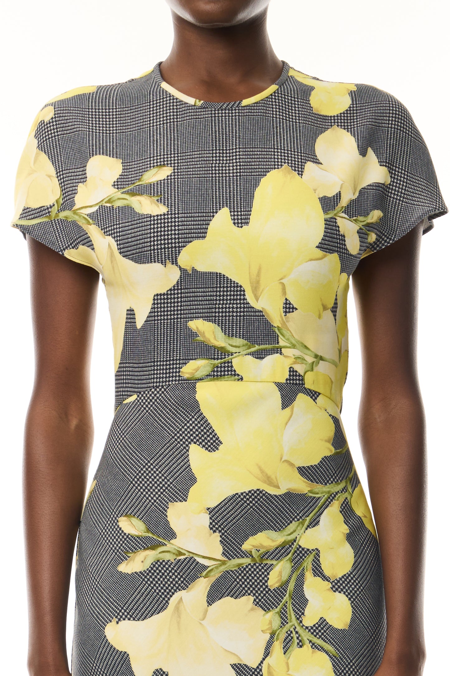 Monique Lhuillier Fall 2026 Short Sleeve Bias Dress cut in Glen Plaid Snapdragon Printed Crepe Suiting- fabric.