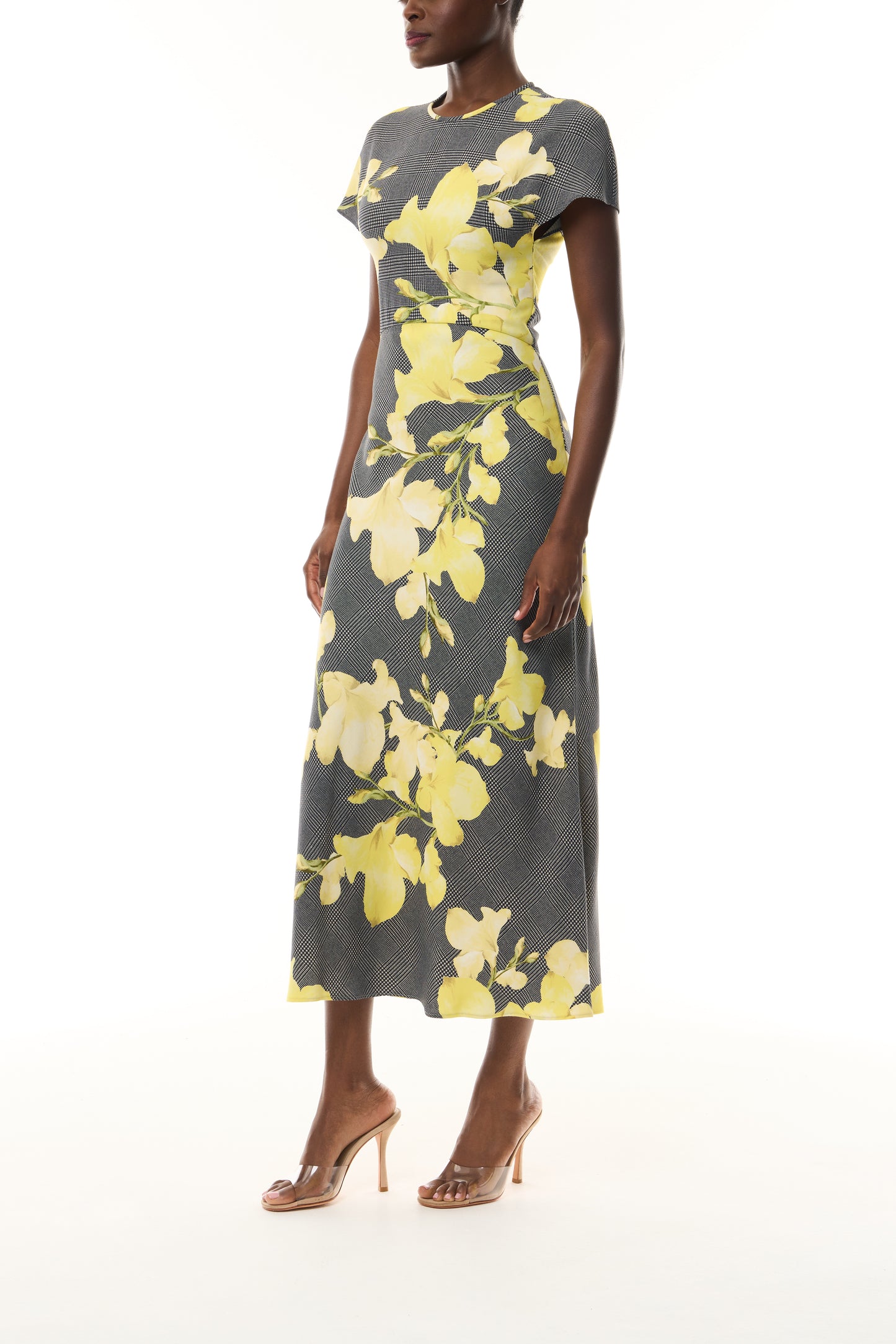 Monique Lhuillier Fall 2026 Short Sleeve Bias Dress cut in Glen Plaid Snapdragon Printed Crepe Suiting- side.