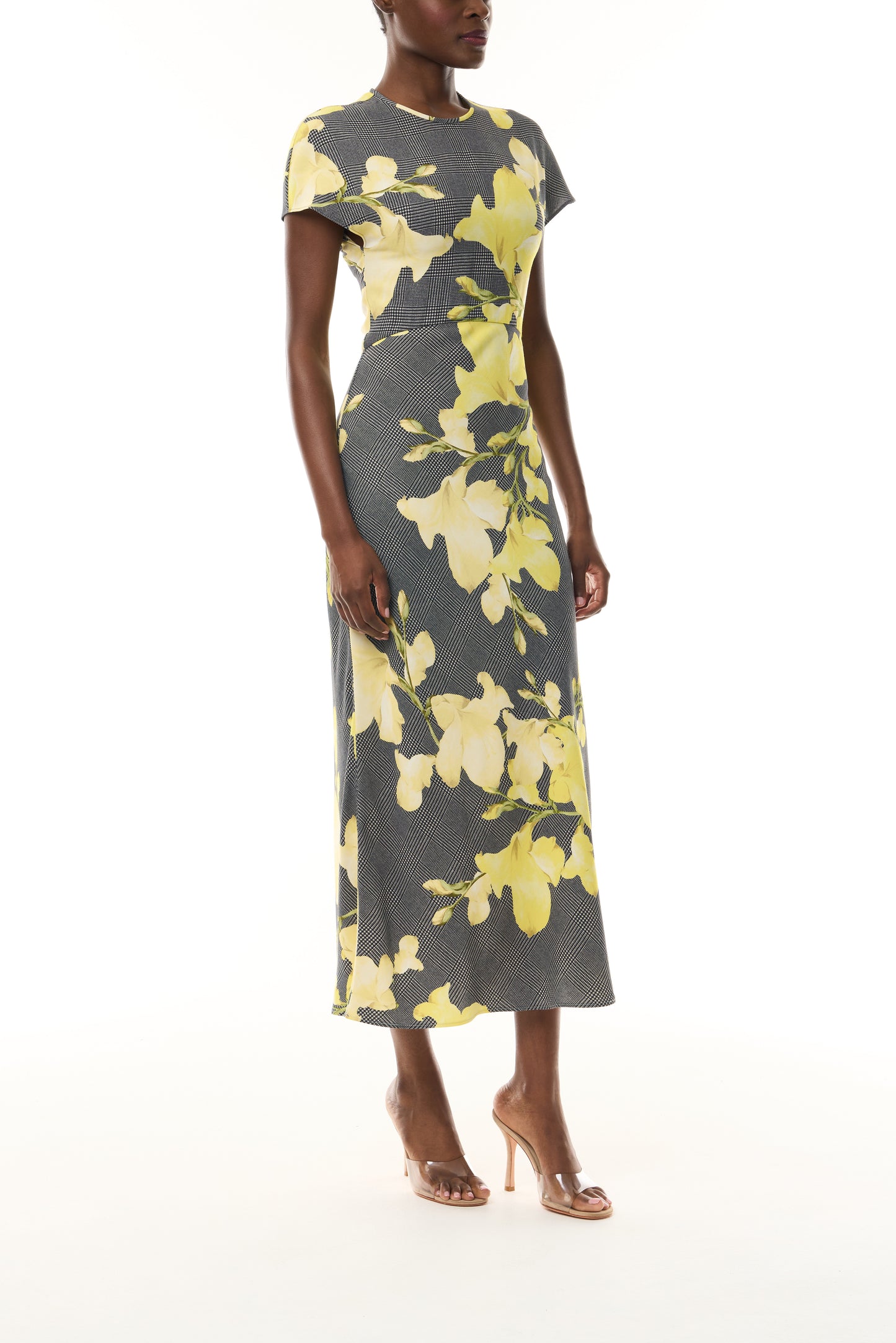 Monique Lhuillier Fall 2026 Short Sleeve Bias Dress cut in Glen Plaid Snapdragon Printed Crepe Suiting- side.