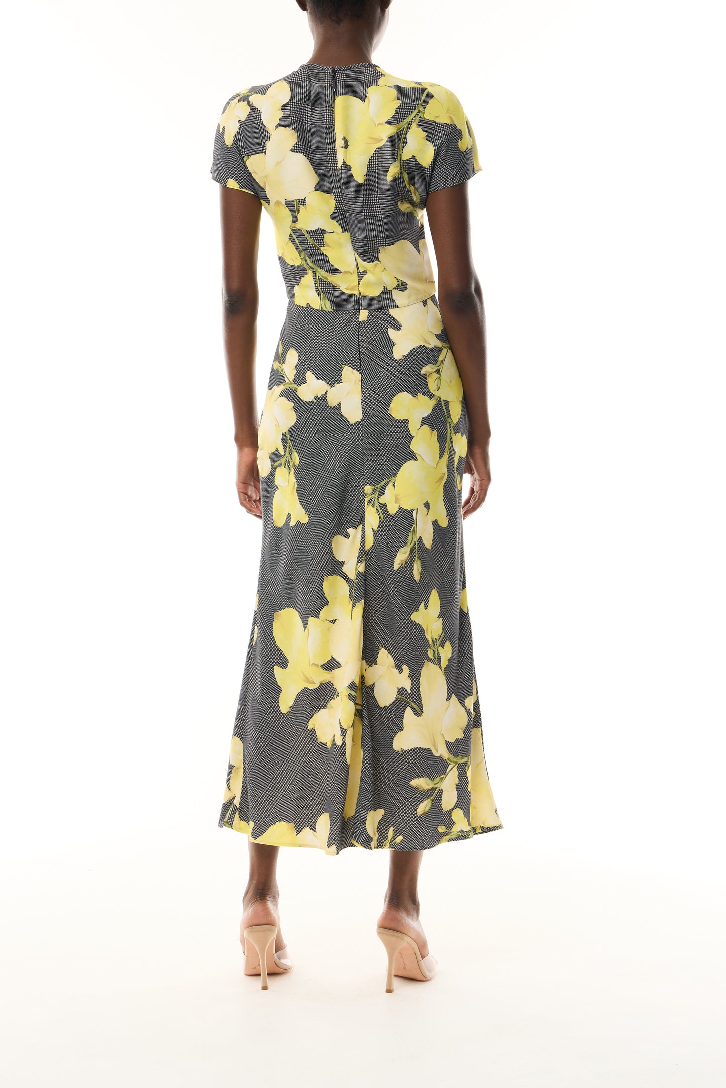 Monique Lhuillier Fall 2026 Short Sleeve Bias Dress cut in Glen Plaid Snapdragon Printed Crepe Suiting- back.