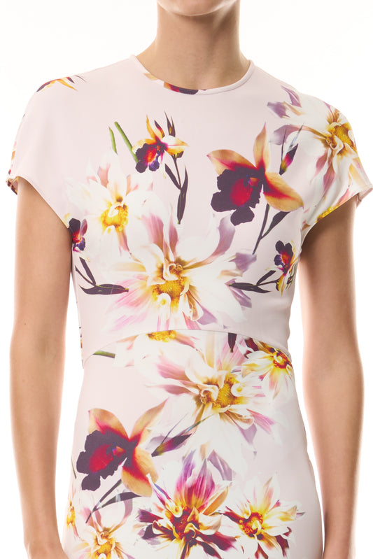 Monique Lhuillier Fall 2026 Lotus Printed Stretch Crepe Short Sleeve Day Dress - fabric.
