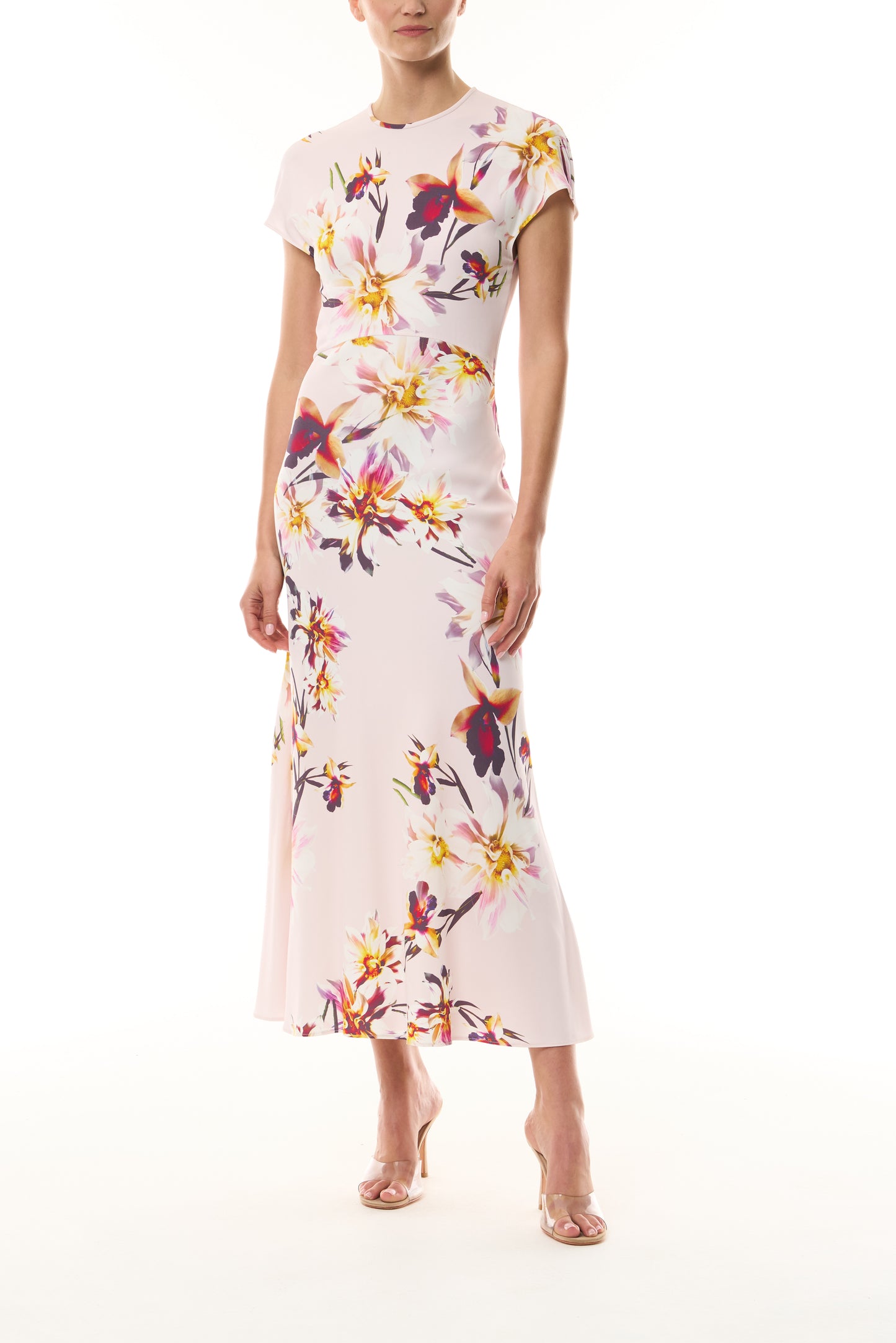 Monique Lhuillier Fall 2026 Lotus Printed Stretch Crepe Short Sleeve Day Dress - front.