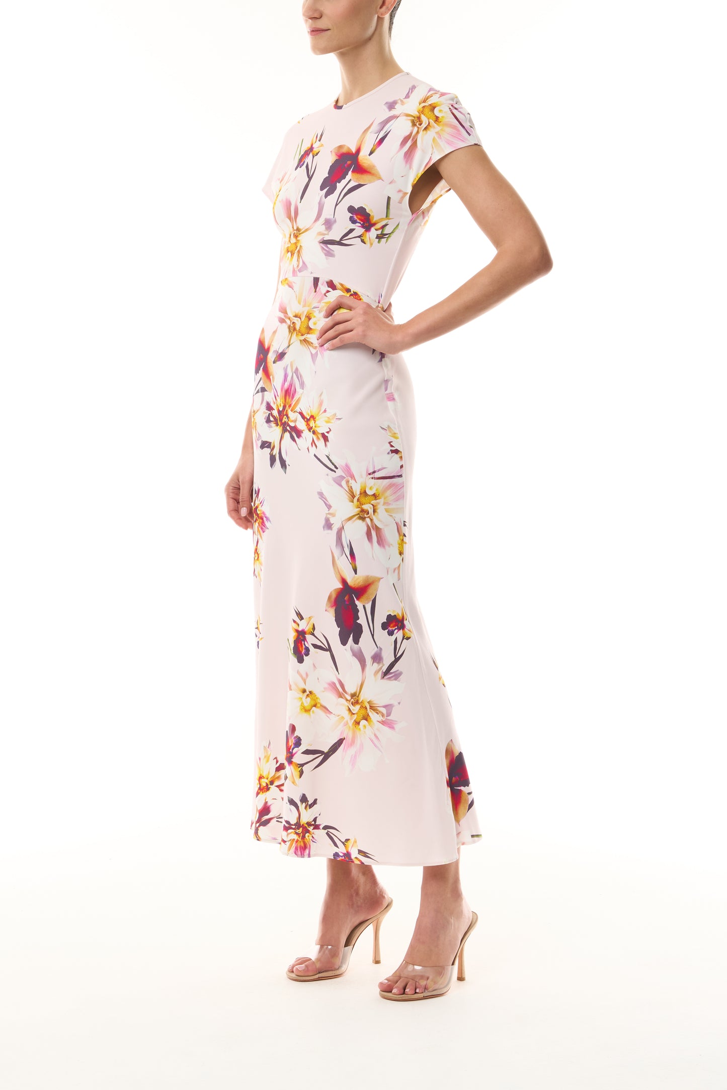 Monique Lhuillier Fall 2026 Lotus Printed Stretch Crepe Short Sleeve Day Dress - side.