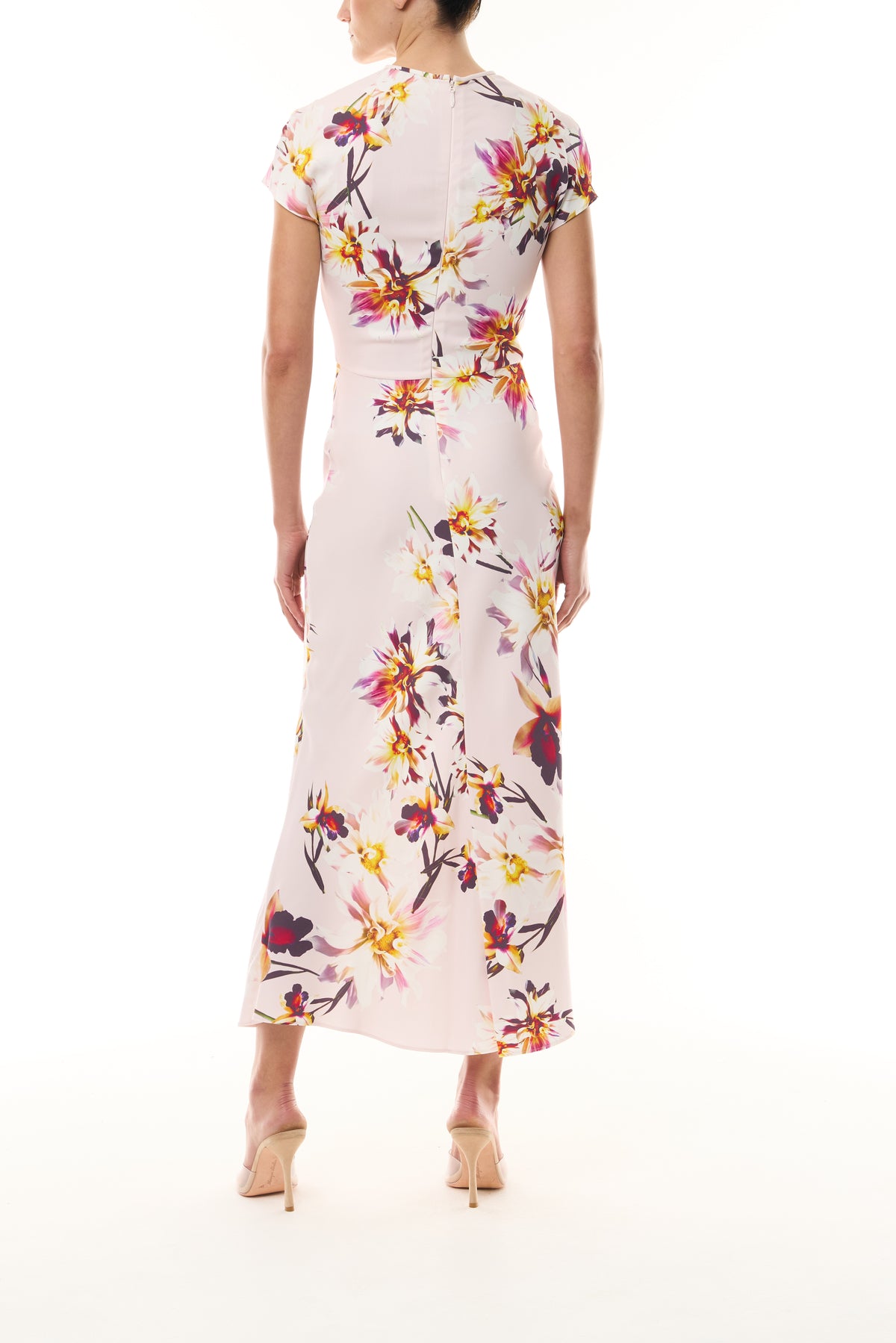 Monique Lhuillier Fall 2026 Lotus Printed Stretch Crepe Short Sleeve Day Dress - back.