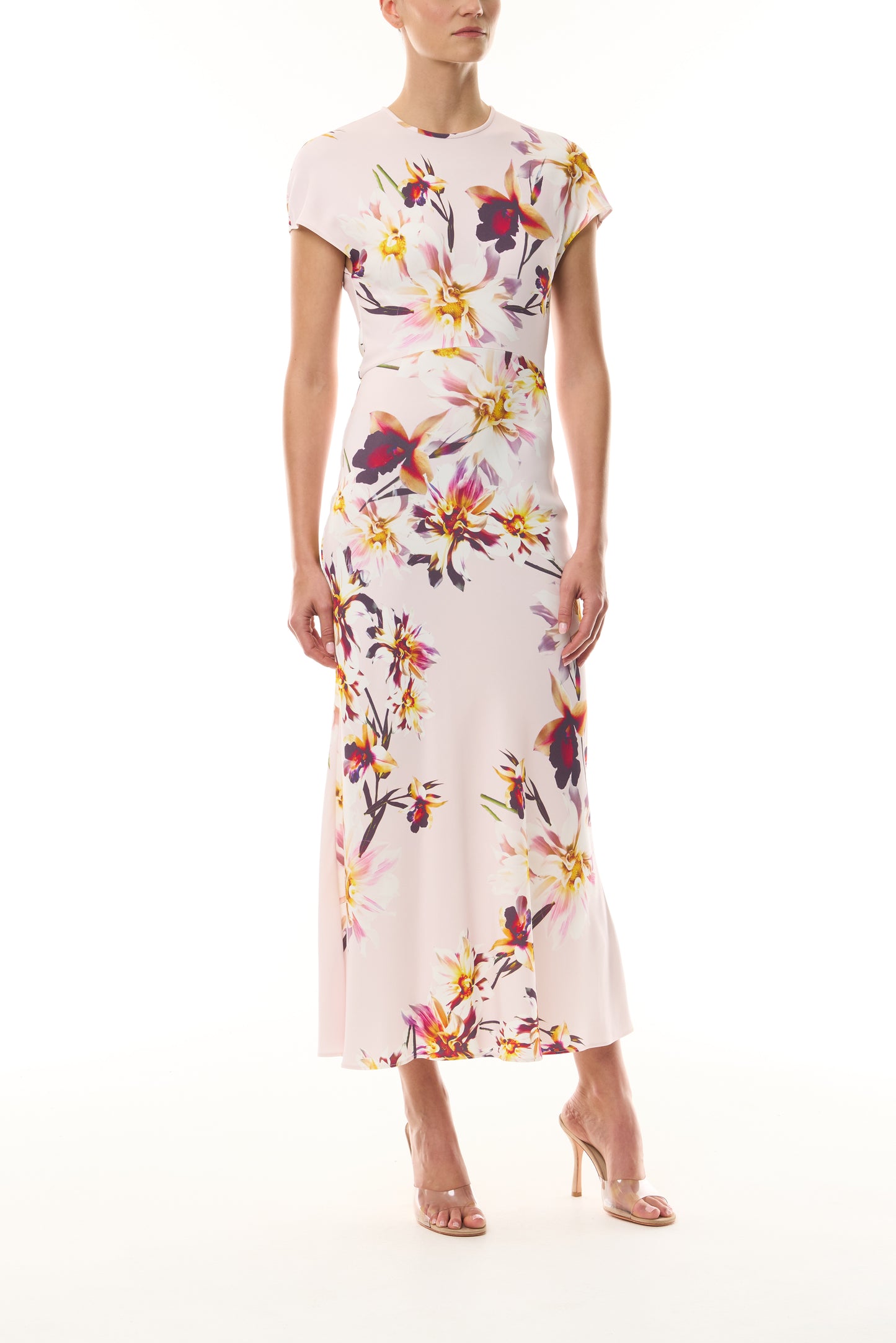Monique Lhuillier Fall 2026 Lotus Printed Stretch Crepe Short Sleeve Day Dress - front.
