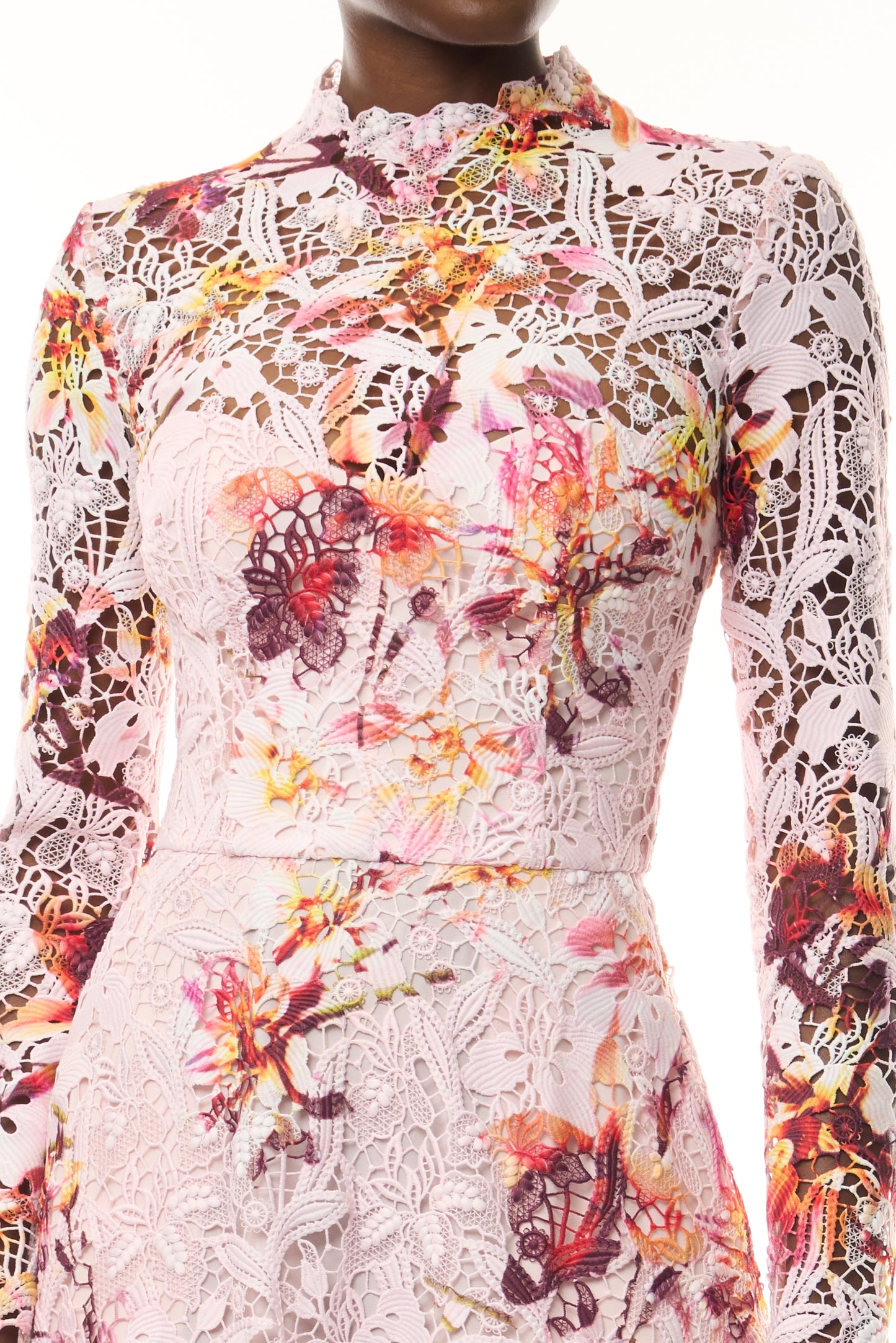 Monique Lhuillier Fall 2026 Lotus Printed Guipure Lace Long Sleeve Dress- fabric.
