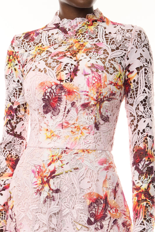 Monique Lhuillier Fall 2026 Lotus Printed Guipure Lace Long Sleeve Dress- fabric.