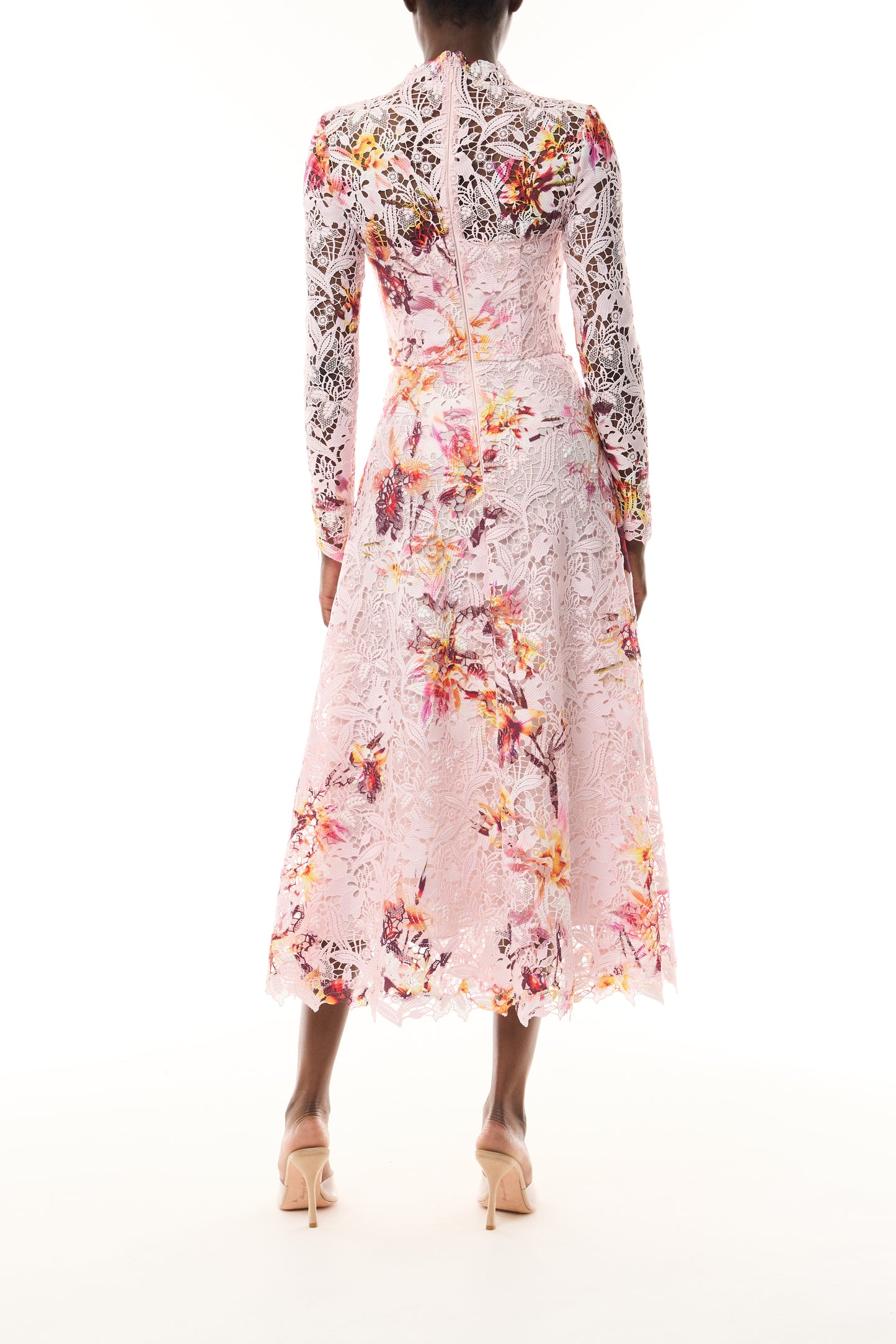 Monique Lhuillier Fall 2026 Lotus Printed Guipure Lace Long Sleeve Dress- back.
