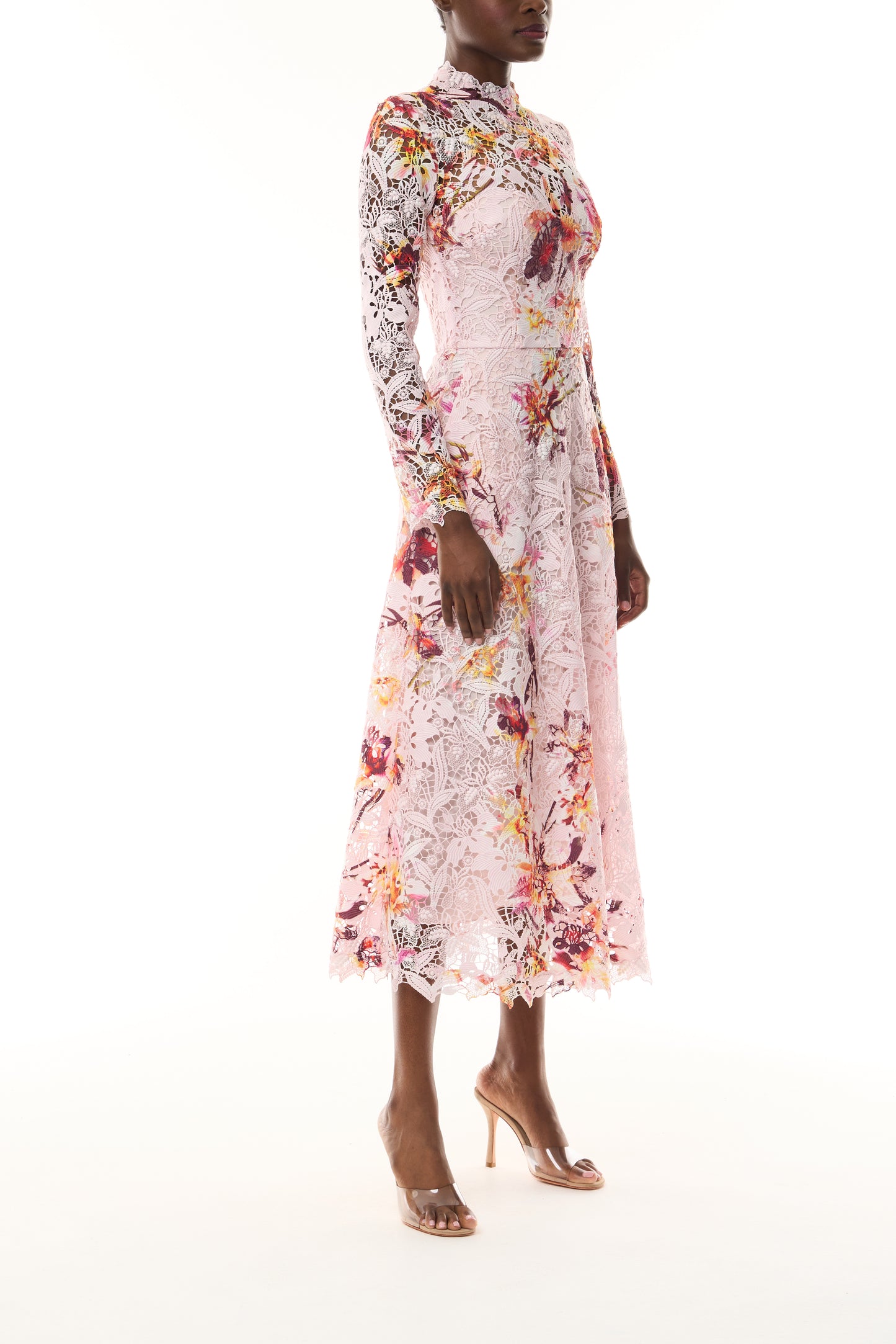 Monique Lhuillier Fall 2026 Lotus Printed Guipure Lace Long Sleeve Dress- side.