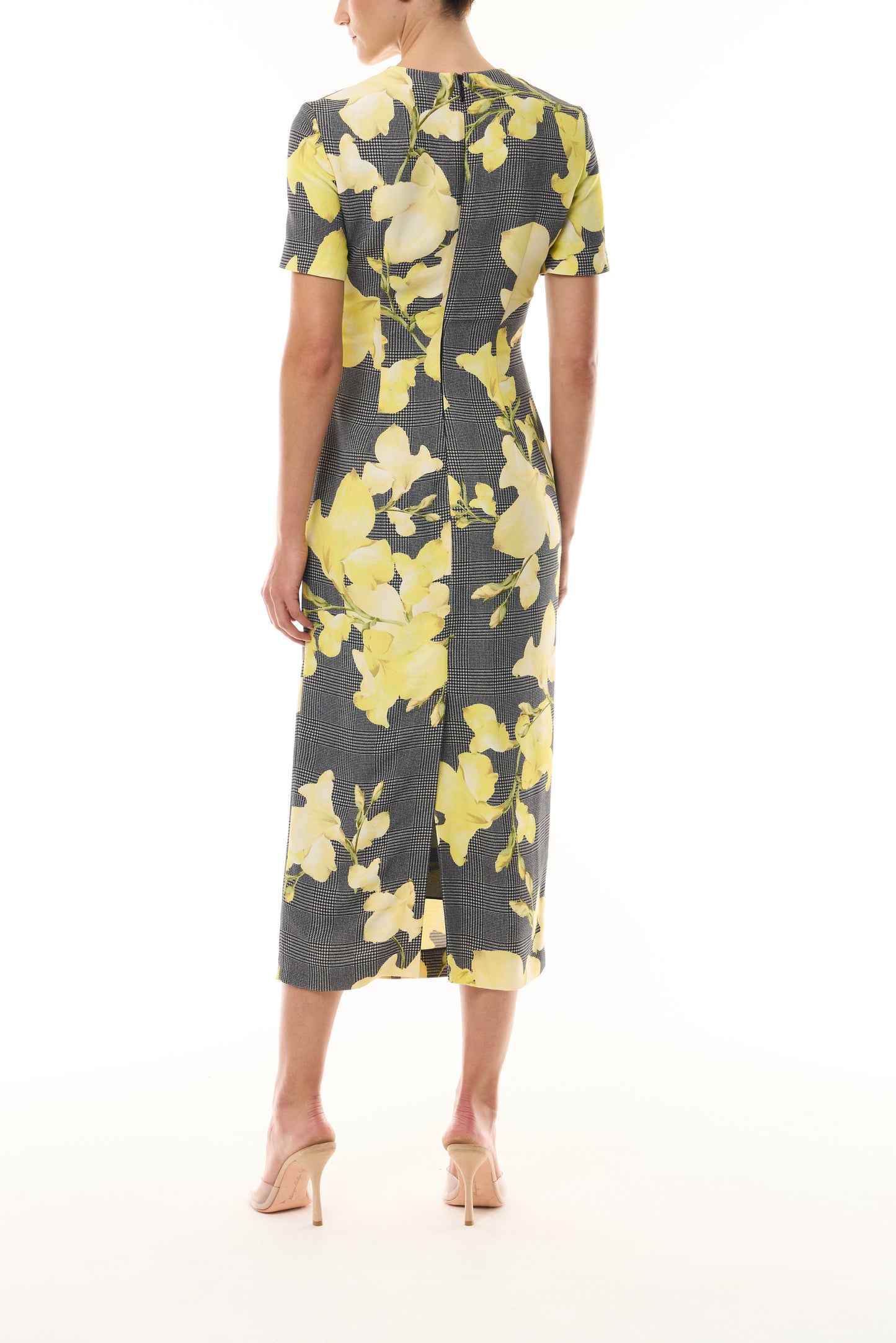 Monique Lhuillier Fall 2026 short sleeve sheath dress in Glen Plaid Snapdragon Printed Crepe Suiting -back.