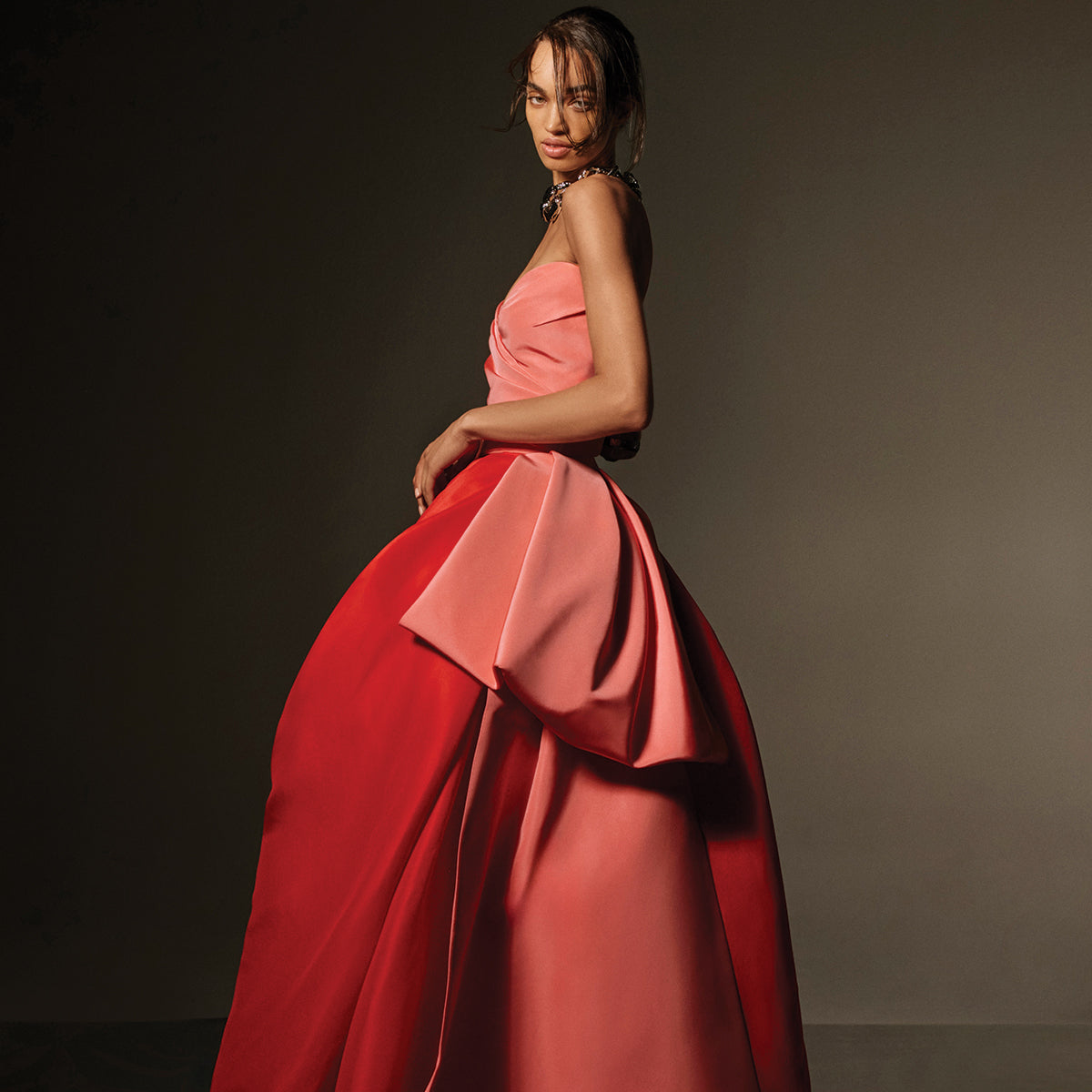 Monique Lhuillier Spring 2026 Strapless draped bodice gown with tufted skirt in Plumeria and Poppy faille and gazar - lookbook