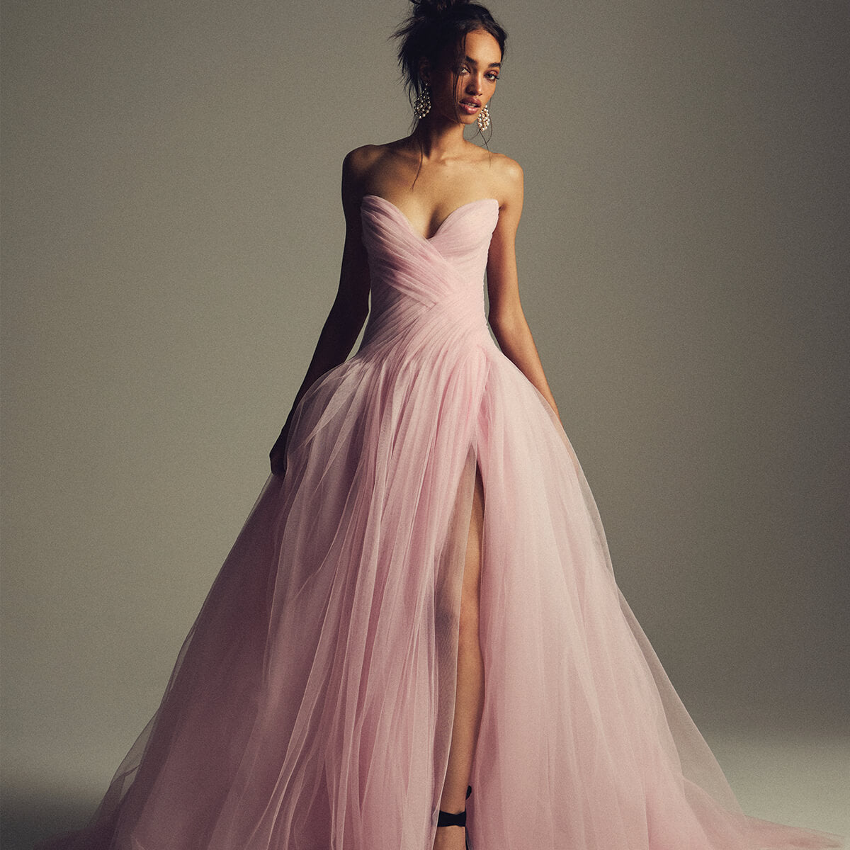 Monique Lhuillier Spring 2027 Sakura tulle strapless draped ball gown with slit - lookbook.