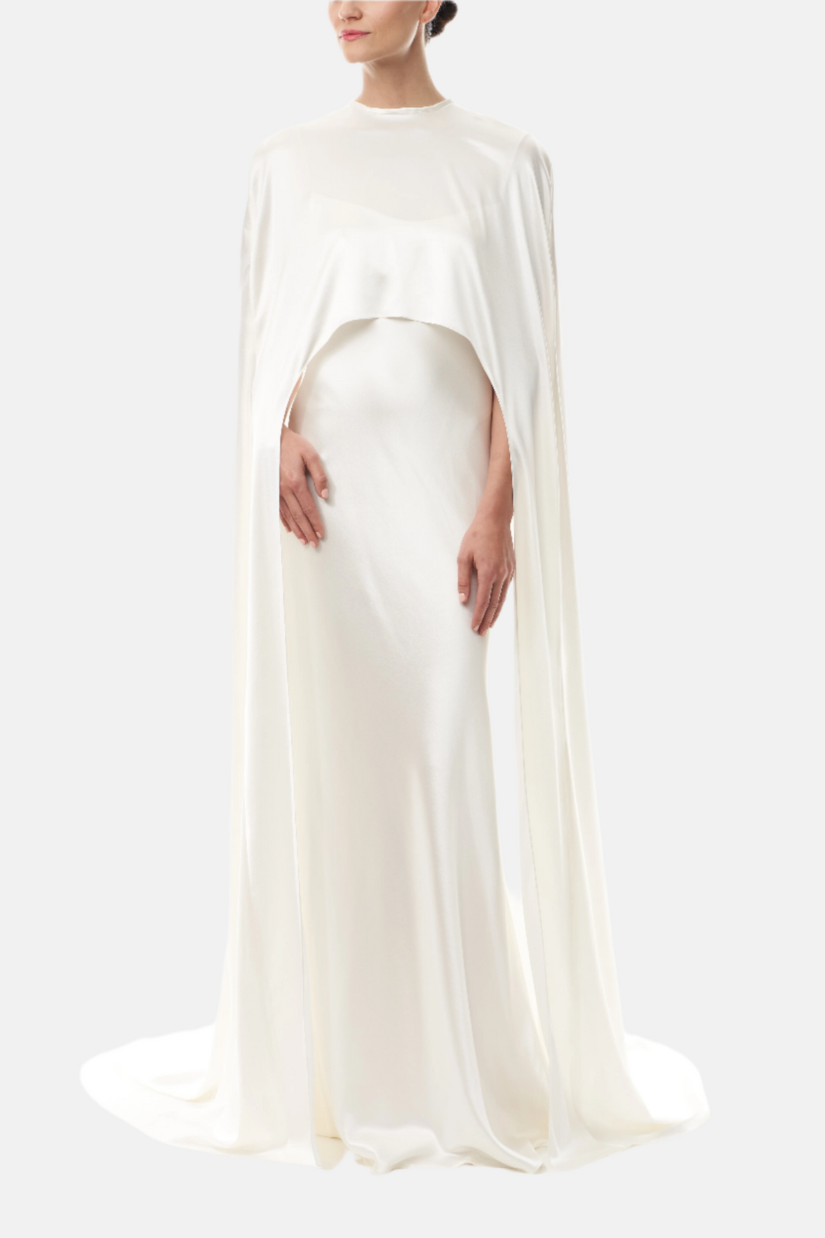 Silk white satin "Viola" cape with long back train and rounded front. Shown over the Viola silk white satin floor length gown - front.