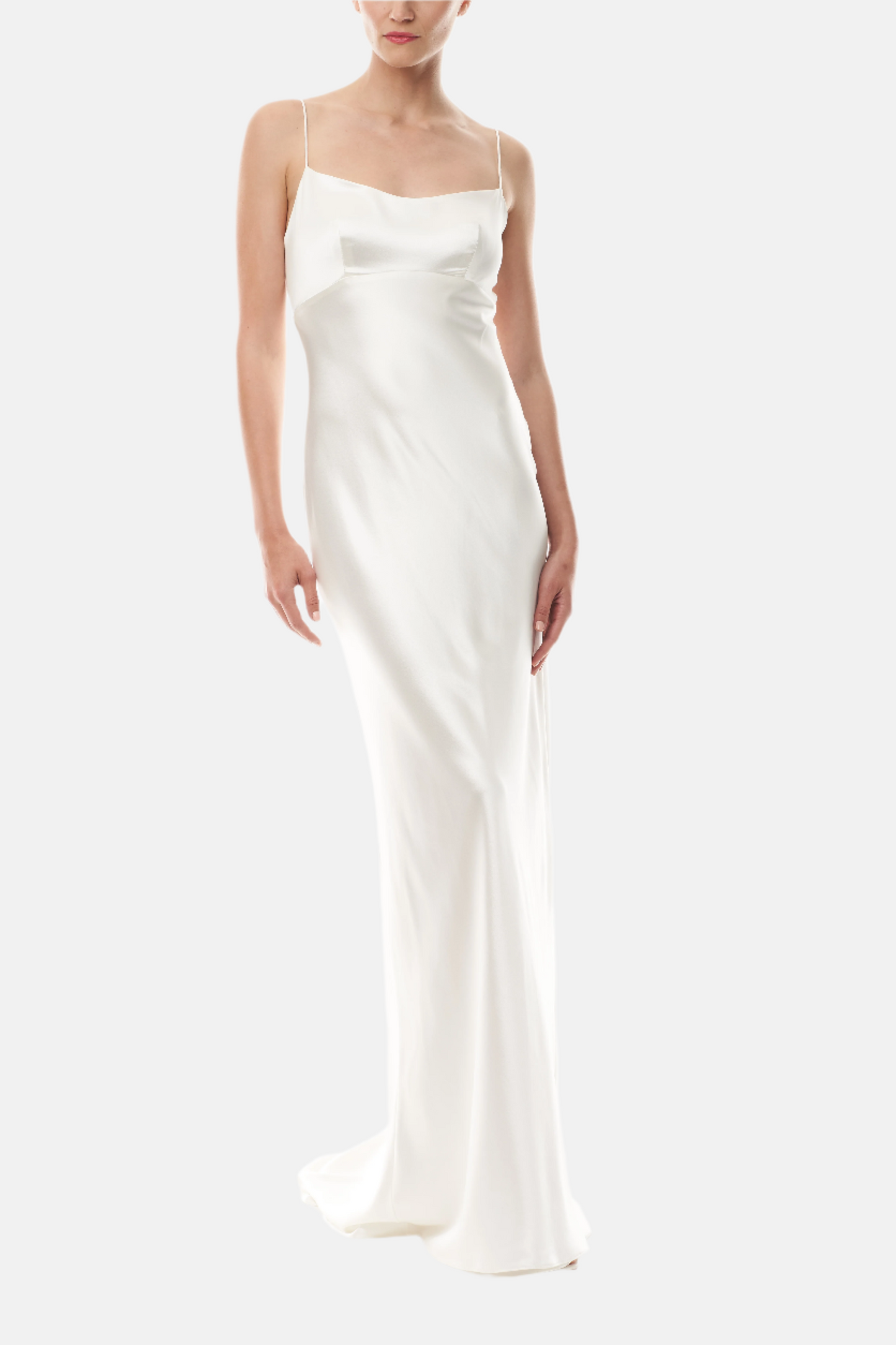 Silk white satin gown with spaghetti straps and tie at back - front.