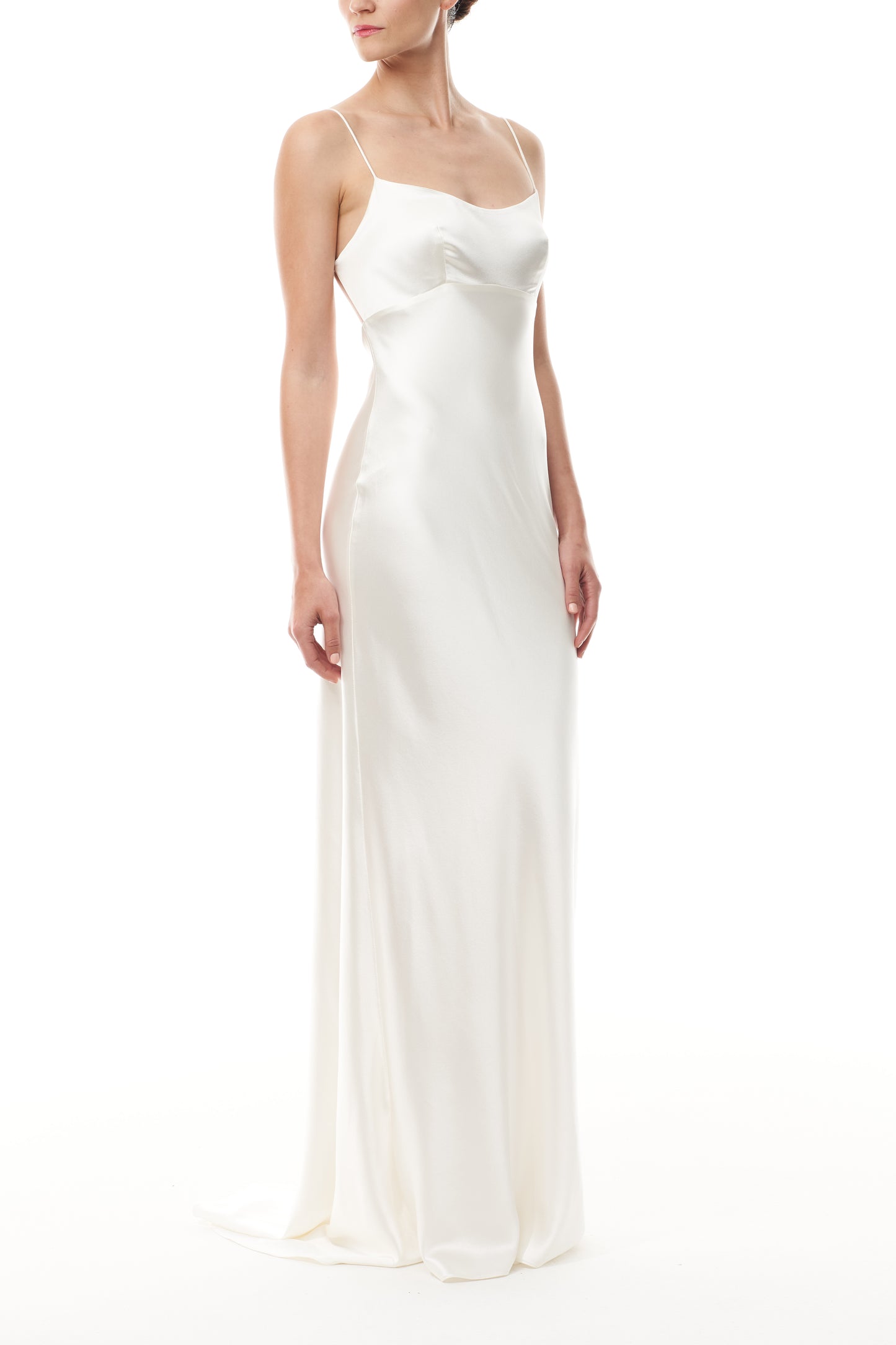 Silk white satin gown with spaghetti straps and tie at back - side.