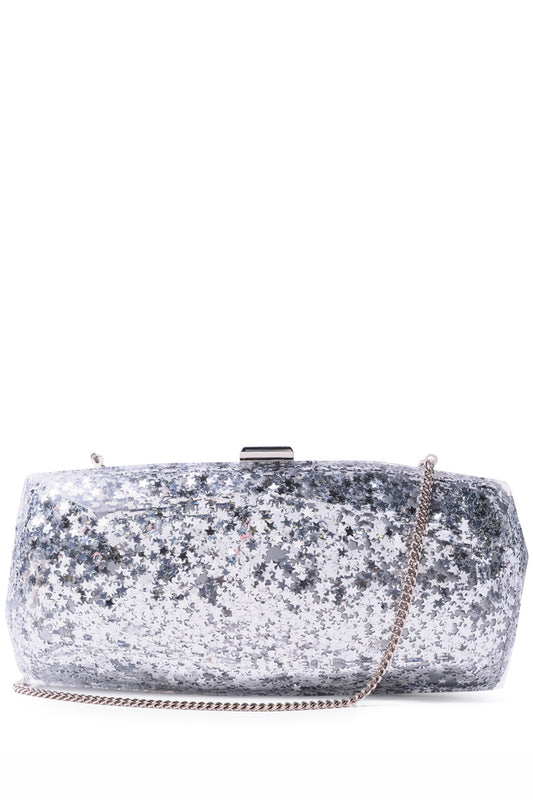 Monique Lhuillier lucite faceted minaudière handbag in Silver Star Glitter with detachable chain - front.