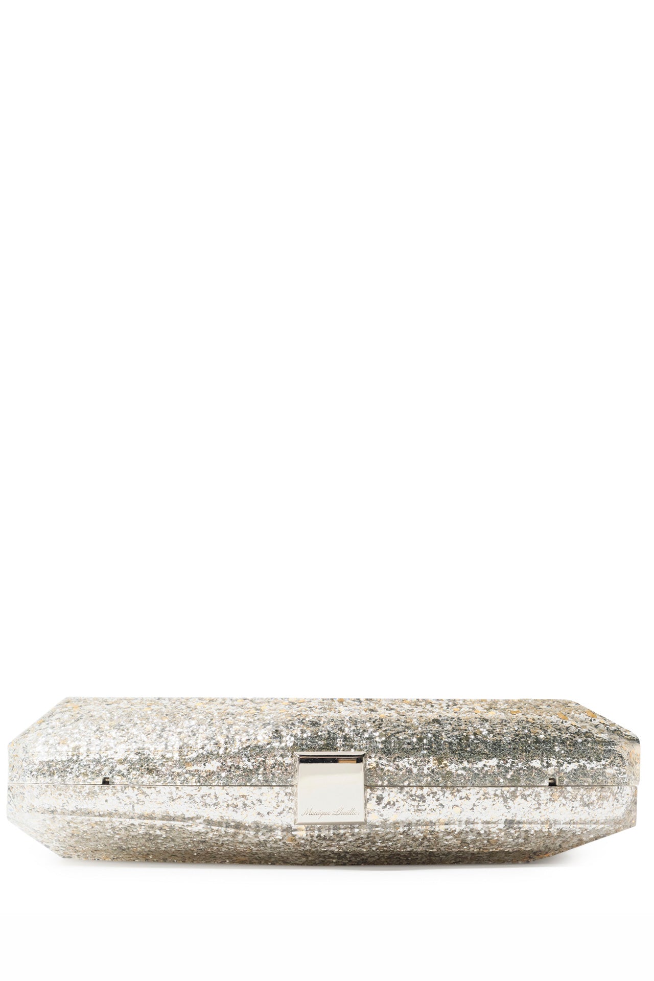 Monique Lhuillier lucite faceted minaudière handbag in Silver Glitter with detachable chain - flat.