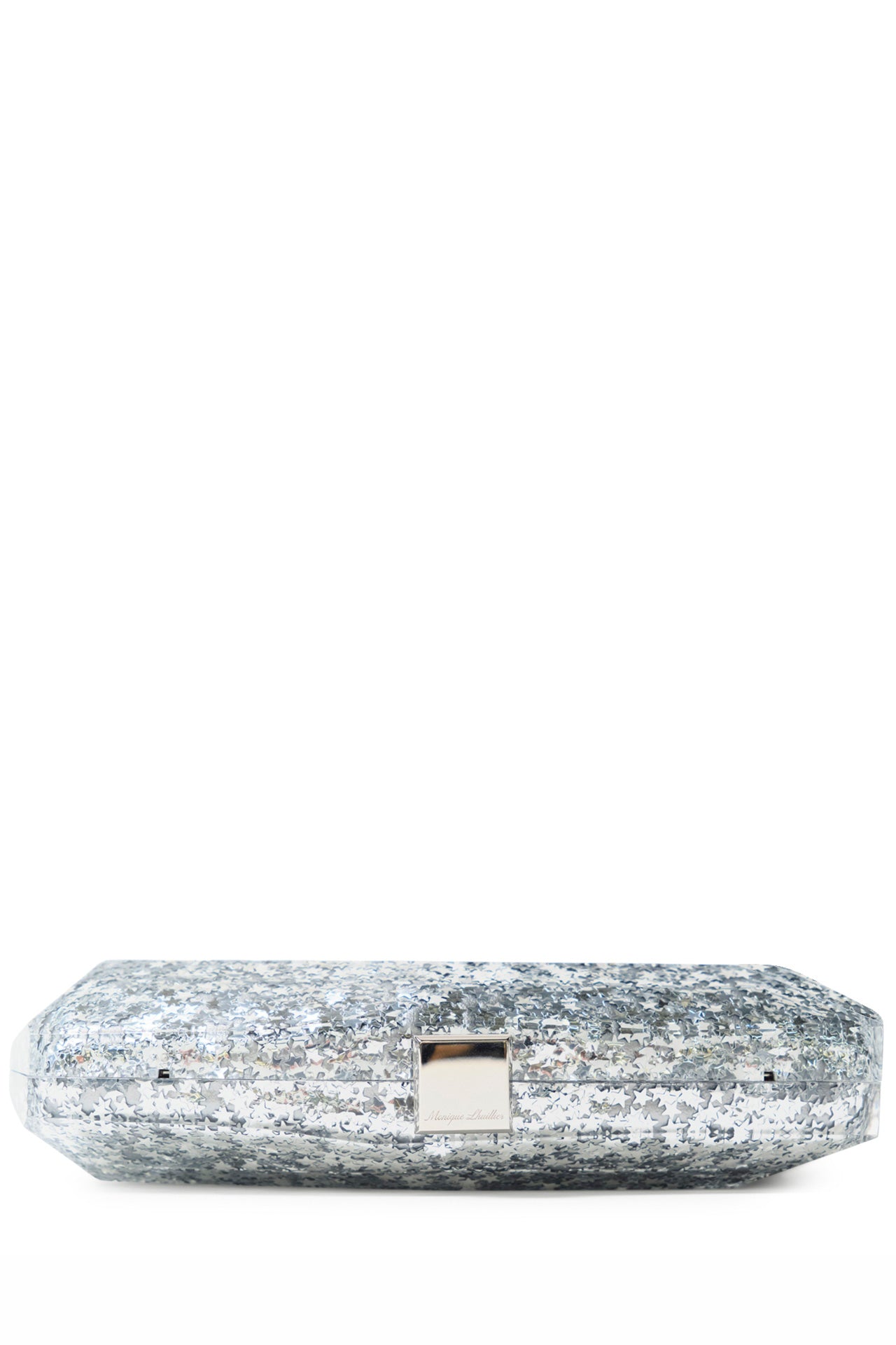 Monique Lhuillier lucite faceted minaudière handbag in Silver Star Glitter with detachable chain - flat.
