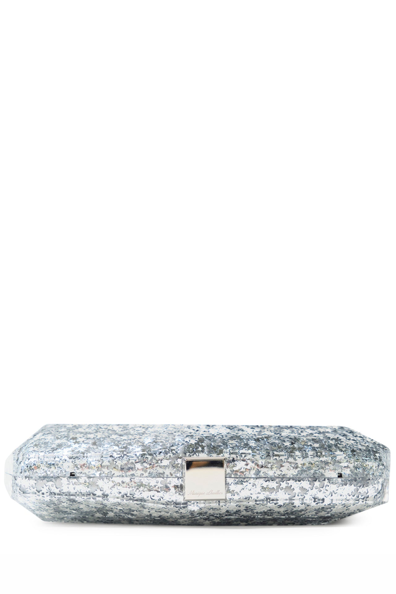 Monique Lhuillier lucite faceted minaudière handbag in Silver Star Glitter with detachable chain - flat.