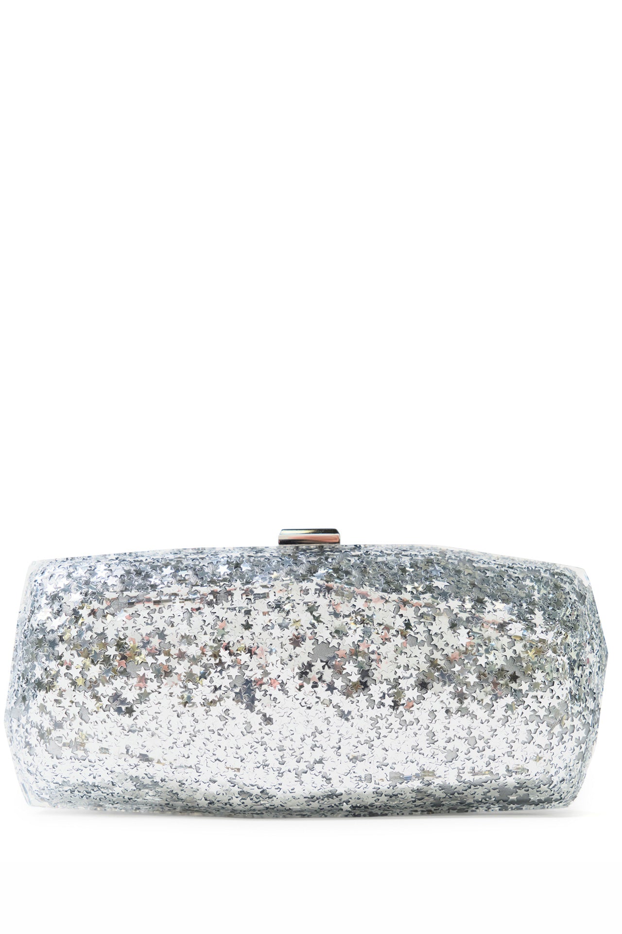 Monique Lhuillier lucite faceted minaudière handbag in Silver Star Glitter with detachable chain - front with chain.