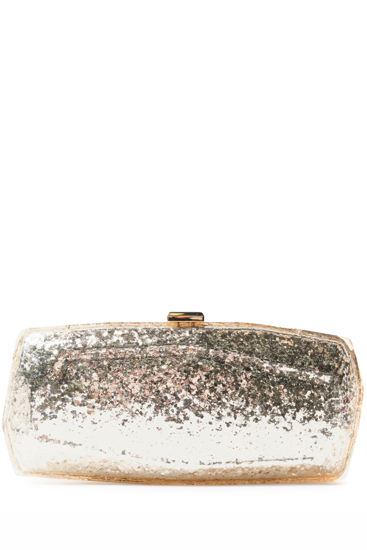 Monique Lhuillier lucite faceted minaudière handbag in Champagne Glitter with detachable chain - front without chain.