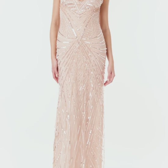 Monique Lhuillier Spring 2024 deep V-neck gown with wide straps in metallic and tonal embroidered tulle - video.