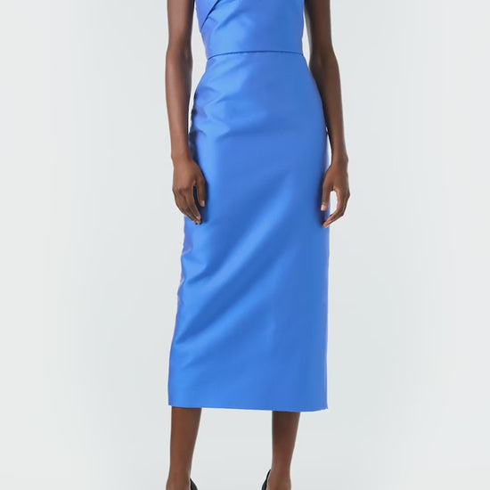 Monique Lhuillier Fall 2024 tea length column dress with draped, one shoulder neckline and natural-waist seam in sky blue mikado - video.