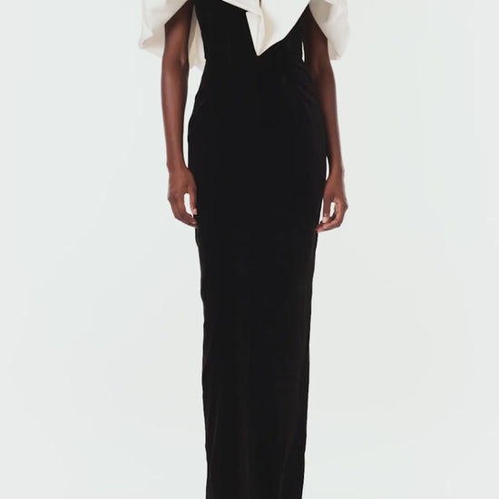 Monique Lhuillier off the shoulder gown in silk white faille bodice and noir velvet skirt.