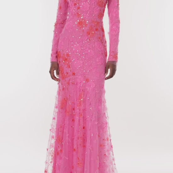 Monique Lhuillier Spring 2024 long sleeve gown in raspberry red embroidery - video.