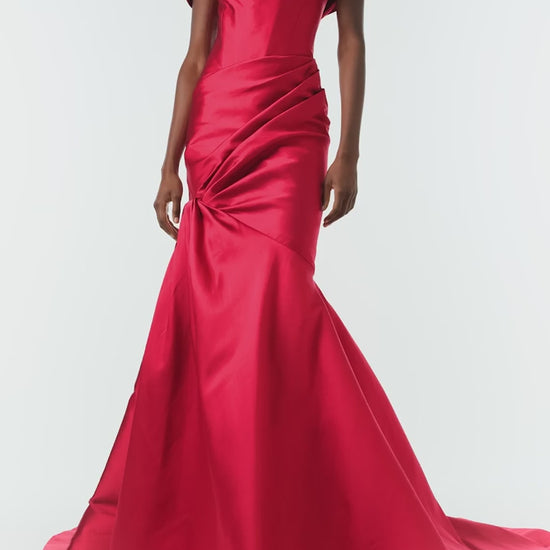 Monique Lhuillier Fall 2024 scarlet mikado, off-the-shoulder, draped gown with trumpet skirt and low back - video.