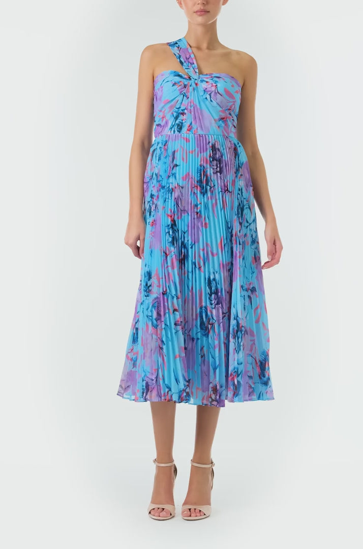 ML Monique Lhuillier 2024 one shoulder, draped midi dress with sweetheart neckline and pleated skirt in Rose Shadow crinkle chiffon - video.