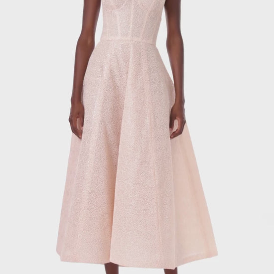 Monique Lhuillier midi length, strapless cocktail dress in powder pink embroidery.