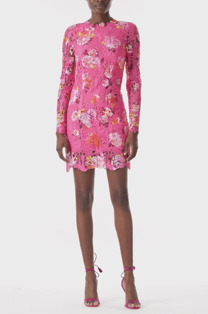 Monique Lhuillier long sleeve mini dress in fuchsia floral printed lace.