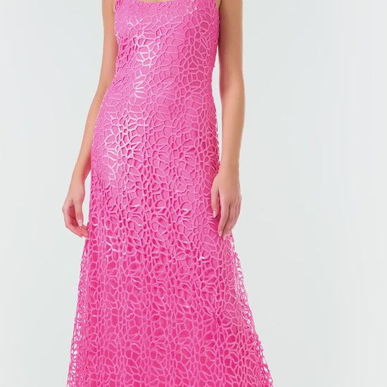 ML Monique Lhuillier Spring 2024 sleeveless, floor length gown with scoop neckline in Candy Pink sequin net - video.