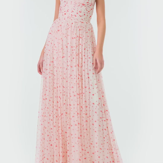 Monique Lhuillier Fall 2024 strapless chiffon gown with gathered sweetheart bodice in heart printed chiffon fabric - video.