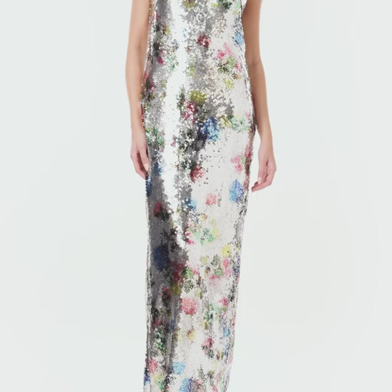 Monique Lhuillier Spring 2024 printed silver sequin colum gown with sleeveless, cut-away neckline - video.