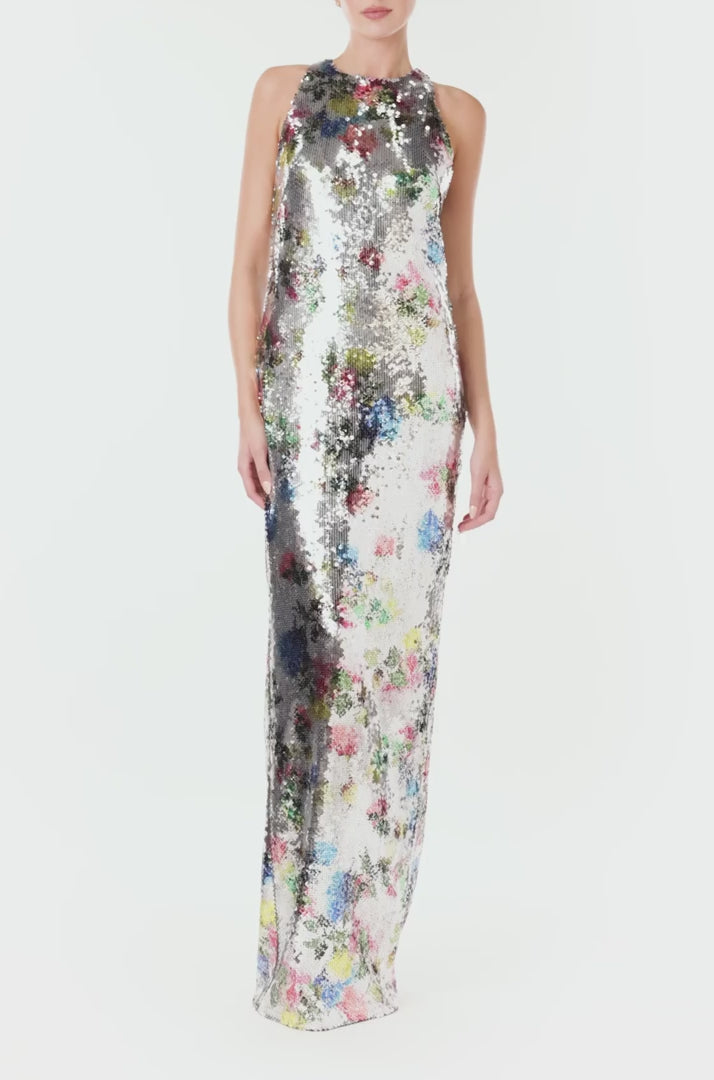Monique Lhuillier Spring 2024 printed silver sequin colum gown with sleeveless, cut-away neckline - video.