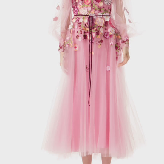Monique Lhuillier jewel neck midi dress with sheer long sleeves in pink tulle and 3d floral embroidery.