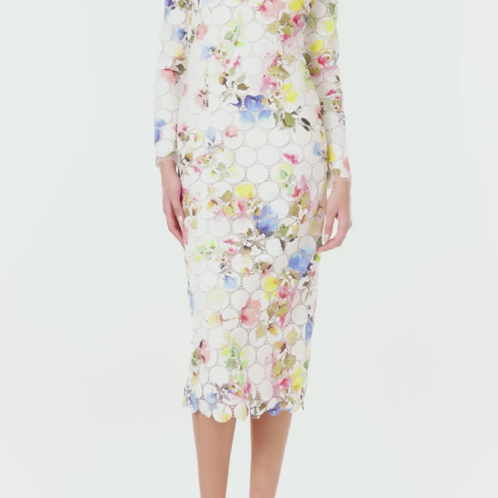 Monique Lhuillier Spring 2024 silk white floral printed circle lace, jewel neck long sleeve sheath with scallop edge at hem - video.
