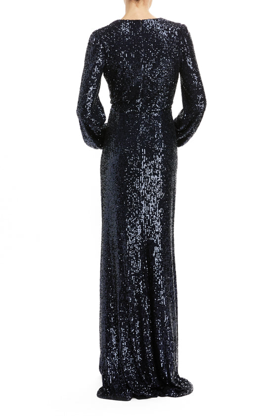 Navy Sequin Plunging V-Neck Gown