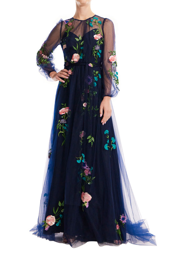 Navy Jewel Neck Puff Sleeve Embroidered Tulle Gown