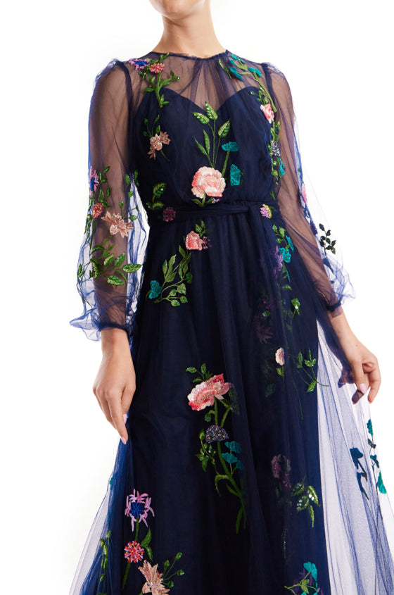 Navy Jewel Neck Puff Sleeve Embroidered Tulle Gown