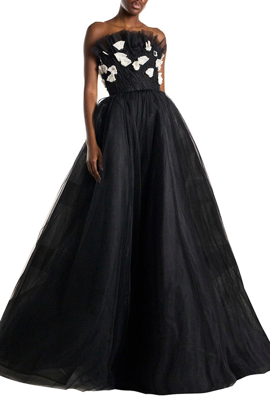 Monique Lhuillier Strapless Embroidered Tulle Ball Gown