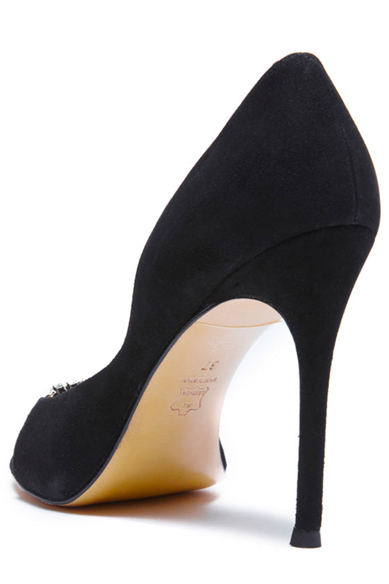 Monique Lhuillier Noir Audrey Suede Crystal Open Toe D'Orsay