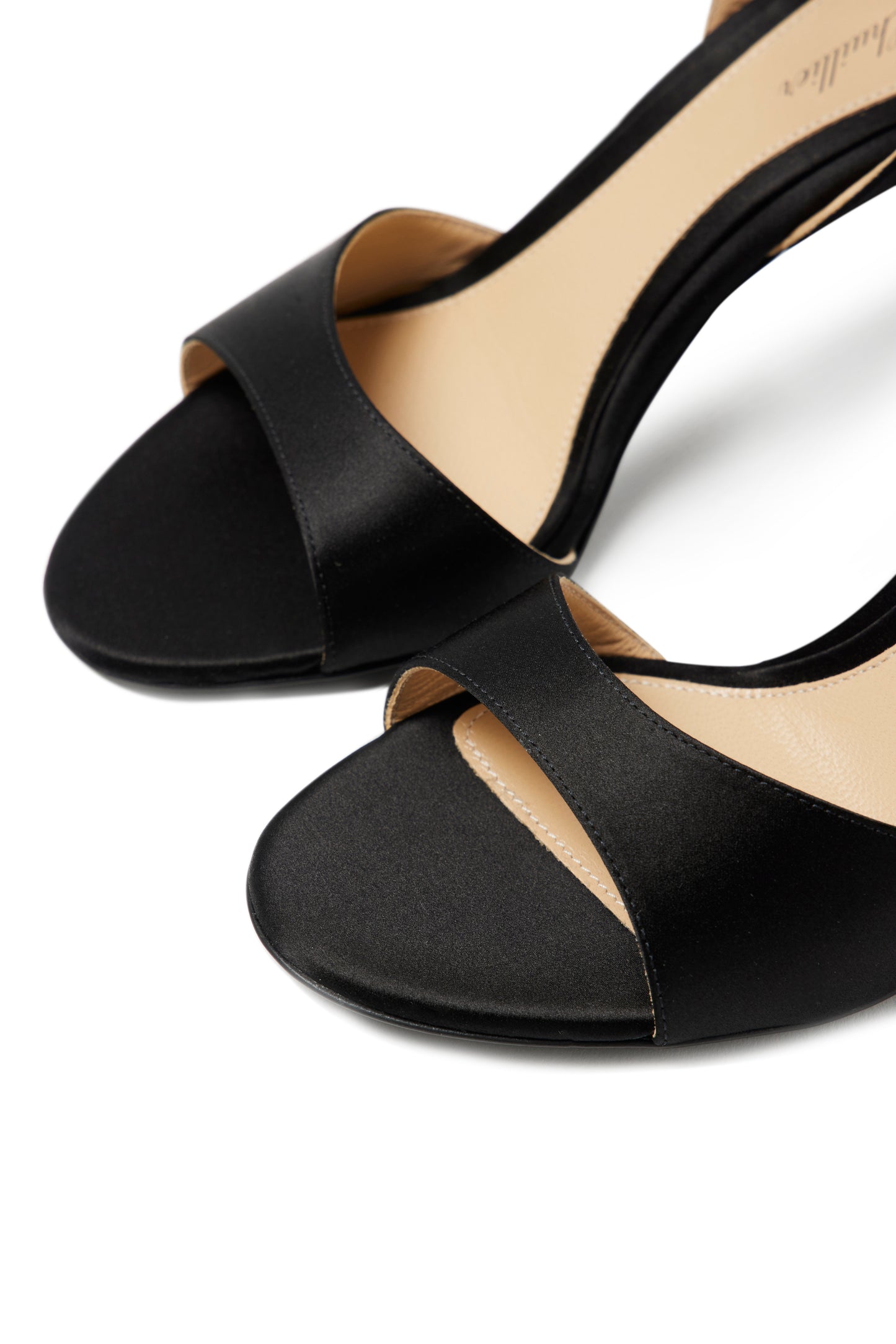 Black satin sandal with adjustable ankle strap and 80mm ombre lucite heel.