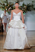 Monique Lhuillier Fall 2026 Bridal duchess satin basque waist silk white Ascher ballgown with tufted skirt - runway.