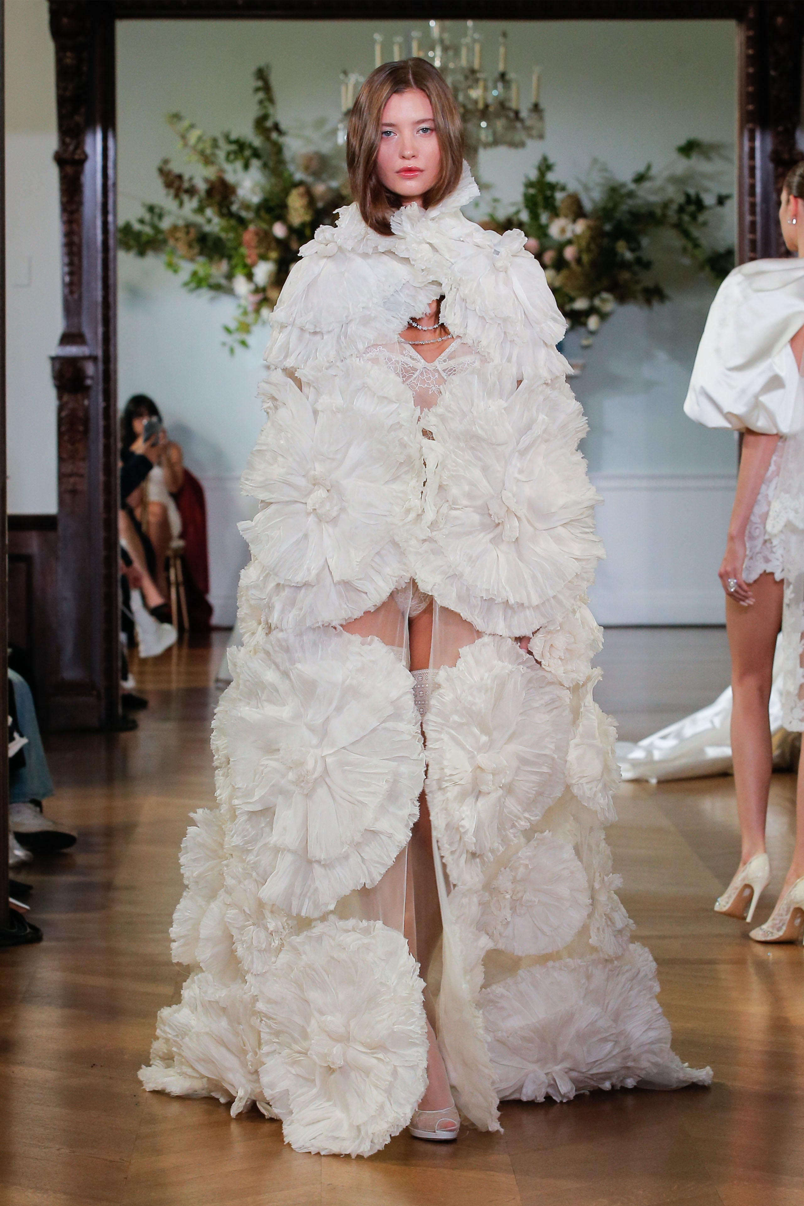 Monique Lhuillier Fall 2026 Bridal Ivory Silk Gazar floral rosette Paisley cape - runway.