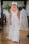Monique Lhuillier Fall 2026 silk white/pearl embroidered lace scoop neck soft a-line Felicity gown - runway.