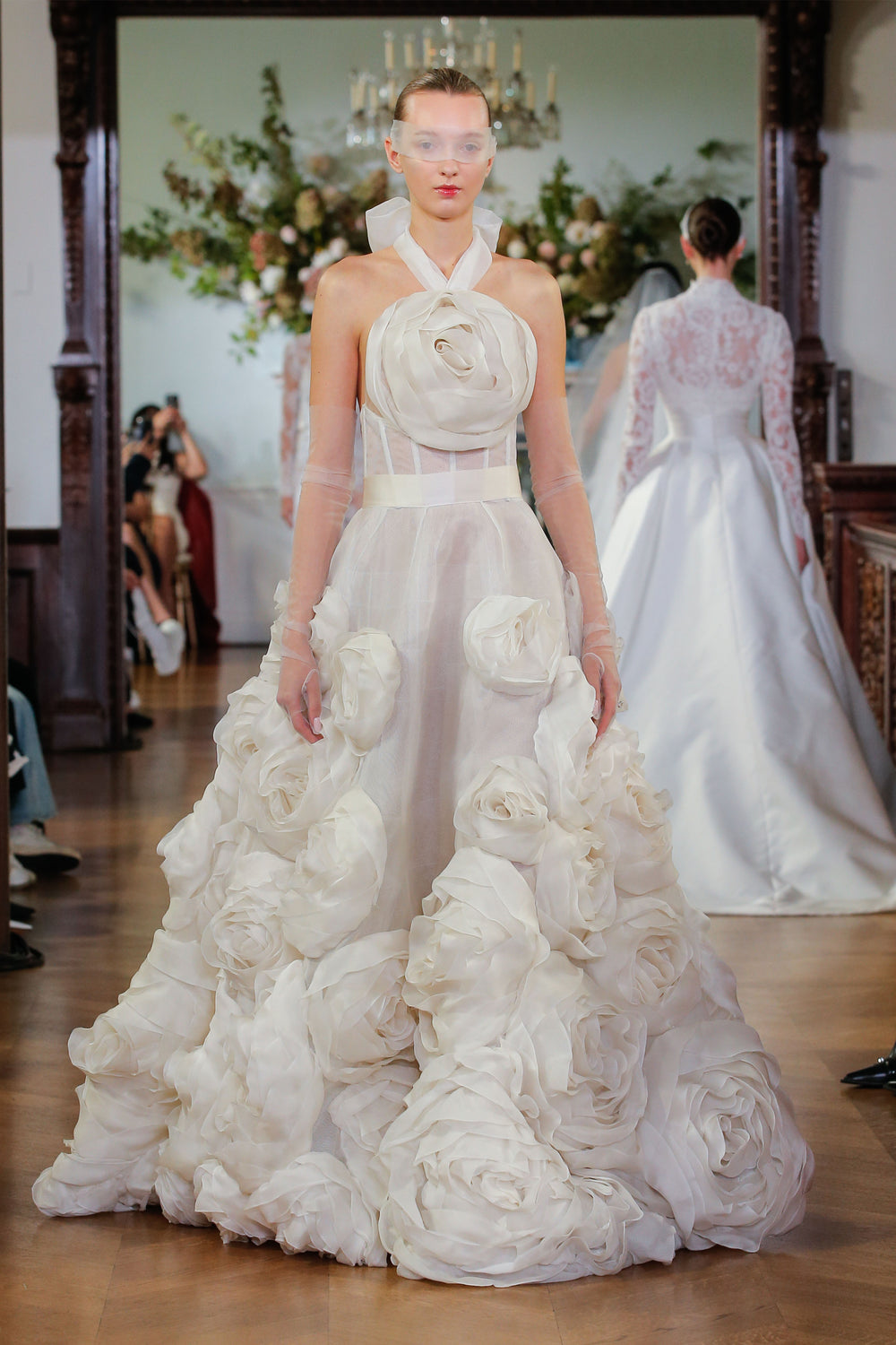 Monique Lhuillier Fall 2026 Bridal silk white silk gazar rosette halter Quinn ballgown with rosette detailed skirt - runway.
