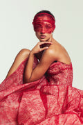 Monique Luillier Spring 2027 Bridal Strapless sweetheart Rouge ballgown in scarlet and nude Chantilly lace with head band with lace veilette.